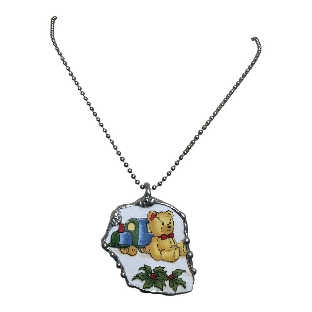 VNTG Holiday Broken China Teddy Bear w/ Presents Pendant Encased in Silver Bezel - Picture 10 of 14